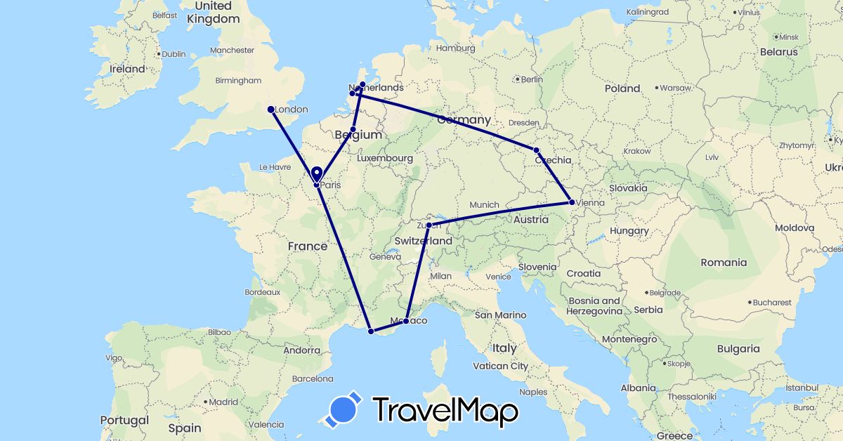 TravelMap itinerary: driving in Austria, Belgium, Switzerland, Czech Republic, France, United Kingdom, Netherlands (Europe)